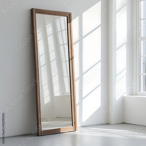 A tall mirror with a wooden frame reflecting light in a bright room.