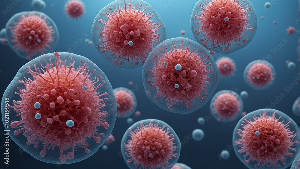 Close-up view of red virus particles in blue background, depicting disease-causing microorganisms clearly. Close-up view of red virus particles in blue background, depicting disease-causing microorganisms clearly.