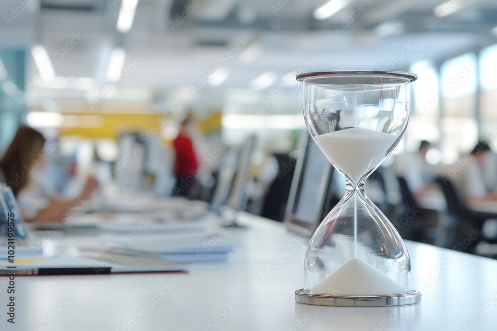 An hourglass sits on a white table, its sand flowing slowly from one end to the other An hourglass sits on a white table, its sand flowing slowly from one end to the other