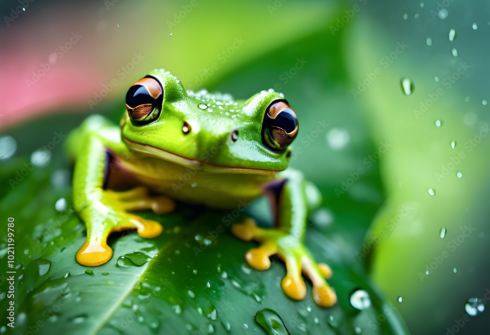 A bright green tree frog is sitting on a wet leaf. The light rain is pouring down, the water droplets are glistening. A bright green tree frog is sitting on a wet leaf. The light rain is pouring down, the water droplets are glistening.