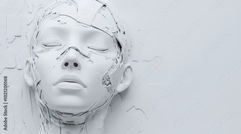 white robot with beautiful female face, copy space for text, cyborg girl white robot with beautiful female face, copy space for text, cyborg girl