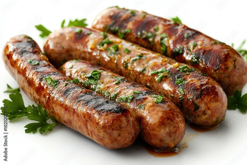 Succulent grilled sausages are arranged on a white plate, garnished with fresh herbs. This dish showcases the mouthwatering appeal of outdoor cooking, perfect for summer gatherings and festive barbecu Succulent grilled sausages are arranged on a white plate, garnished with fresh herbs. This dish showcases the mouthwatering appeal of outdoor cooking, perfect for summer gatherings and festive barbecu