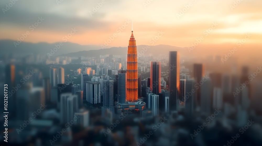 Aerial shot of the stunning skyline of Kuala Lumpur Malaysia featuring a captivating display of glowing neon gridlines against a backdrop of towering skyscrapers