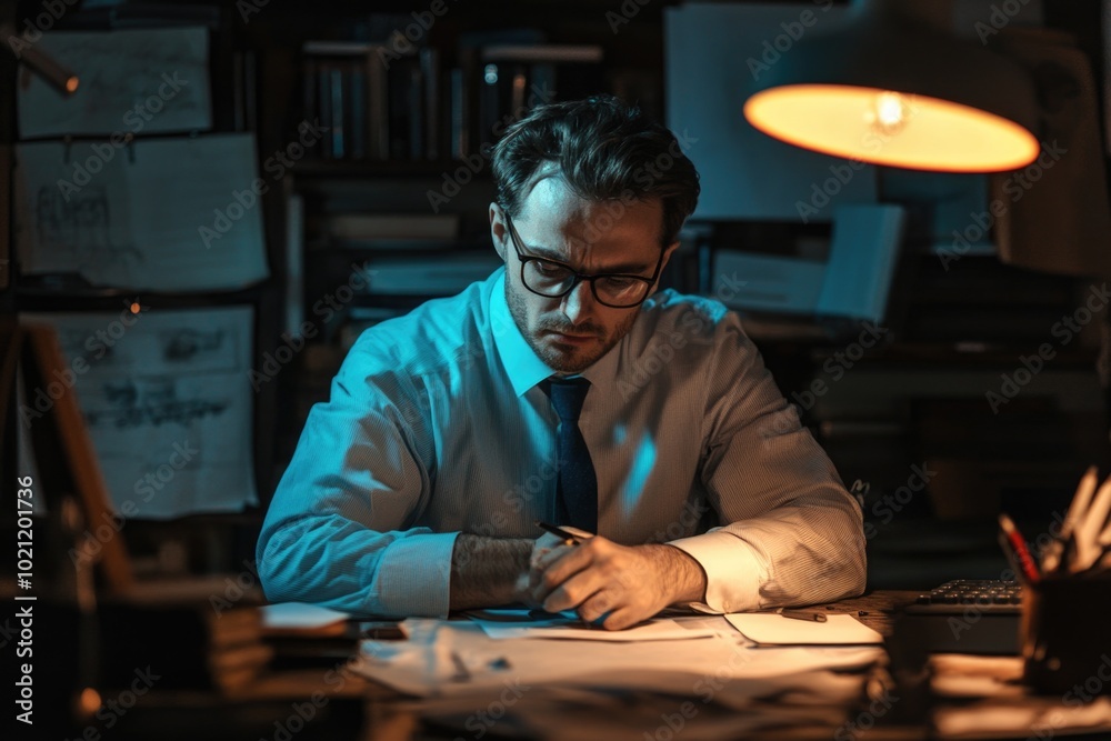 A person sitting at a desk wearing business attire, suitable for use in presentations about professionals or office settings A person sitting at a desk wearing business attire, suitable for use in presentations about professionals or office settings