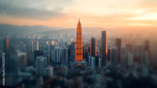 Aerial shot of the stunning skyline of Kuala Lumpur Malaysia featuring a captivating display of glowing neon gridlines against a backdrop of towering skyscrapers