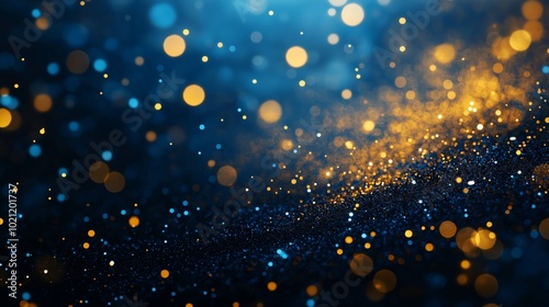 Golden and Blue Bokeh Festive Christmas Background with sparkling particles