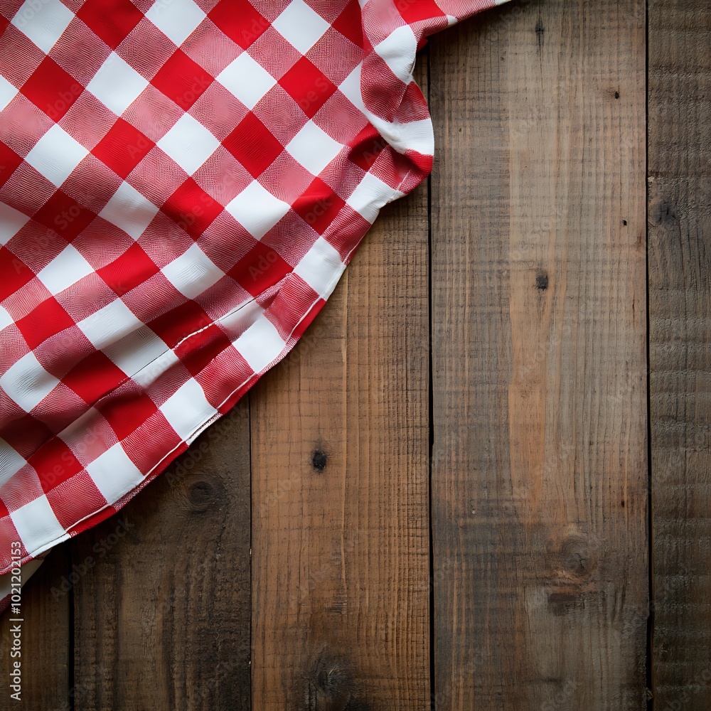 A red and white checkered tablecloth draped over a wooden surface, creating a cozy dining atmosphere. A red and white checkered tablecloth draped over a wooden surface, creating a cozy dining atmosphere.
