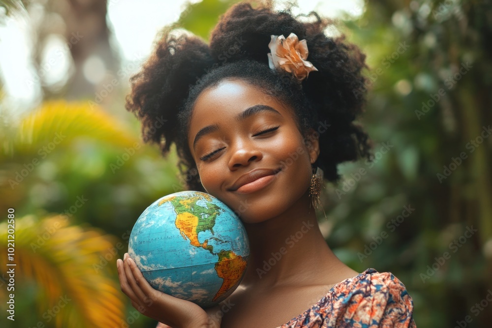 Fototapeta premium A woman holds a globe in her hands, symbolizing exploration and adventure