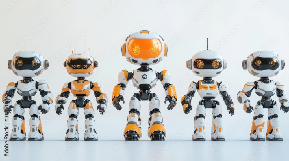 Fototapeta premium A group of toy robots stand together, colorful and playful