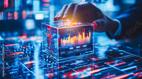 Close-up of hand interacting with futuristic digital cube displaying vibrant financial data and analytics, symbolizing advanced technology and data-driven decision-makinghigh-tech atmosphere