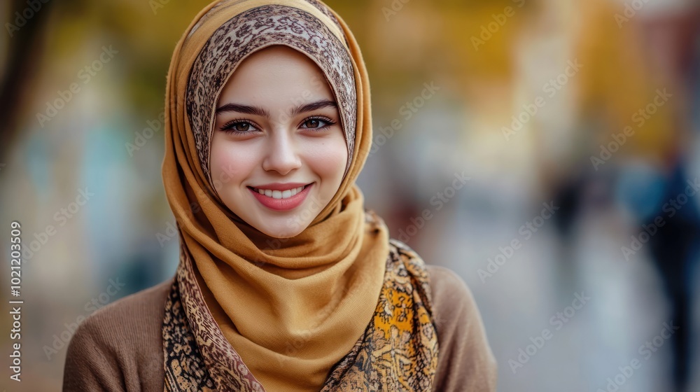 A smiling young woman in a hijab poses warmly, showcasing cultural beauty and confidence. A smiling young woman in a hijab poses warmly, showcasing cultural beauty and confidence.