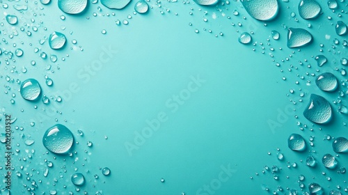 A turquoise background with water droplets arranged in a border on the left and right sides, leaving a blank space in the middle.