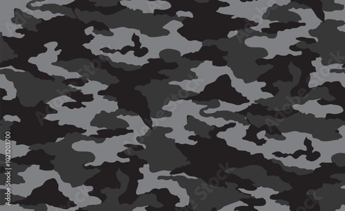 Black and grey camouflage seamless pattern. Army camo masking design. Military clothing style background.