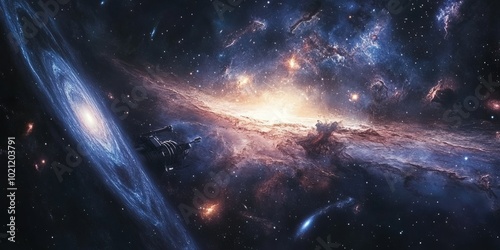 A spacecraft explores the vast beauty of a distant spiral galaxy, surrounded by stars and cosmic wonders.