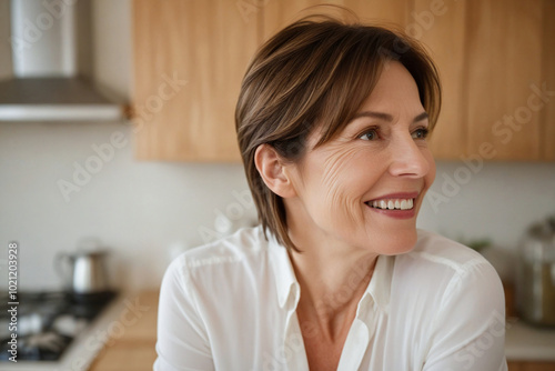 Beautiful middle-age woman, with straight short elegant haircut, smiling, happy, morning in the kitchen. An attractive mature female, closeup portrait, ageing gracefully, refined, poise and confident. Free Download Beautiful middle-age woman, with straight short elegant haircut, smiling, happy, morning in the kitchen. An attractive mature female, closeup portrait, ageing gracefully, refined, poise and confident. - GFXLoad