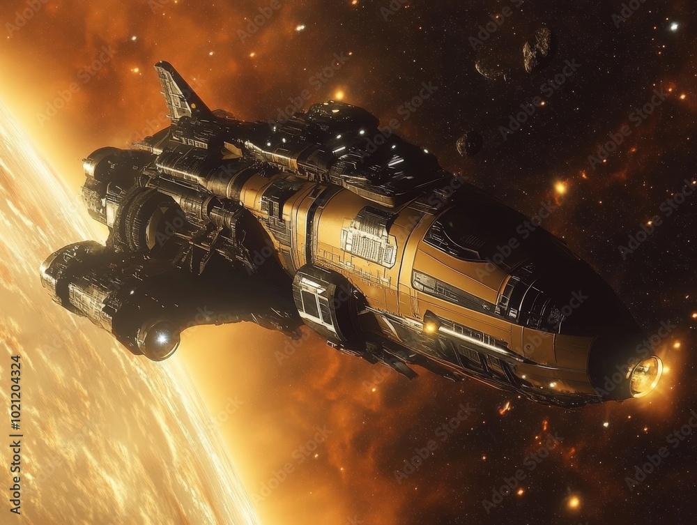 Obraz premium Futuristic spaceship navigating through the cosmos with glowing celestial backdrop.