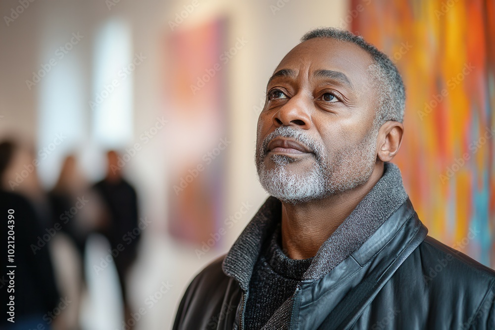 A thoughtful man gazes upward, appreciating the artwork displayed in a contemporary gallery. Surrounded by other visitors, he reflects on the vibrant colors and themes in the pieces, creating a moment A thoughtful man gazes upward, appreciating the artwork displayed in a contemporary gallery. Surrounded by other visitors, he reflects on the vibrant colors and themes in the pieces, creating a moment