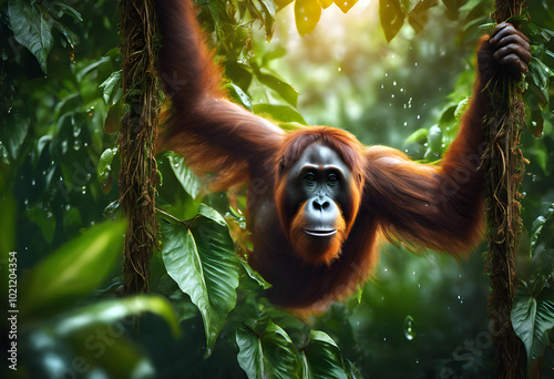 An orangutan hangs from a vine in a rainforest, his face full of emotion and soft light filtering through the leaves. photo