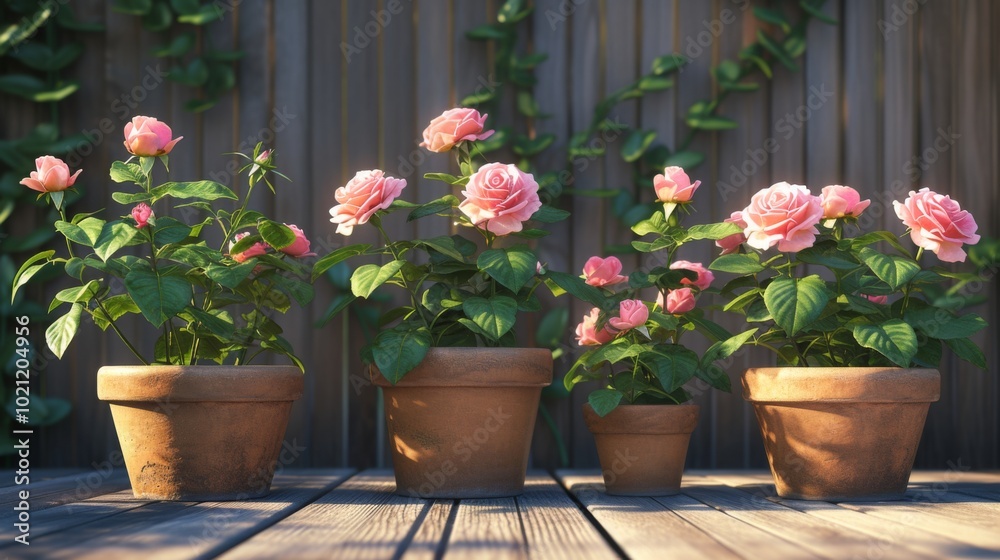 Fototapeta premium Pink Roses in Terracotta Pots on a Wooden Deck