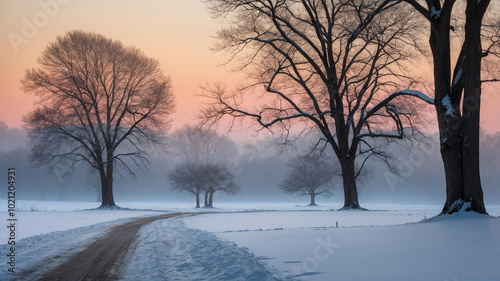 Serene winter landscape at dawn with snow-covered field and leafless trees against a pastel sky.