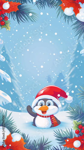 A playful penguin celebrates Christmas with a snowy scene, a festive tree, and a jolly Santa Claus,Generated By Ai