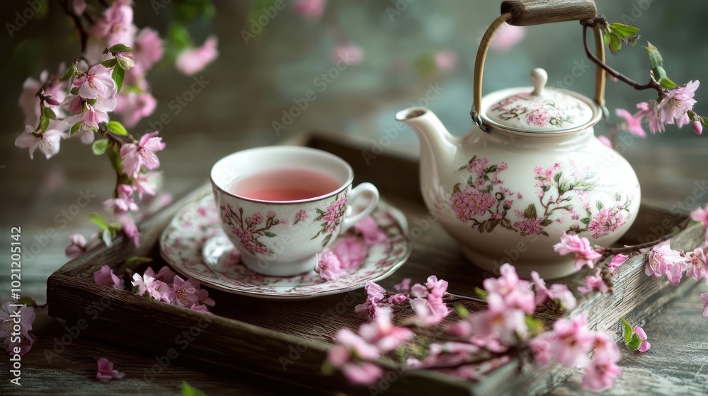 A serene tea setup with a floral teapot, cup, and blossoms, evoking tranquility and leisure. A serene tea setup with a floral teapot, cup, and blossoms, evoking tranquility and leisure.