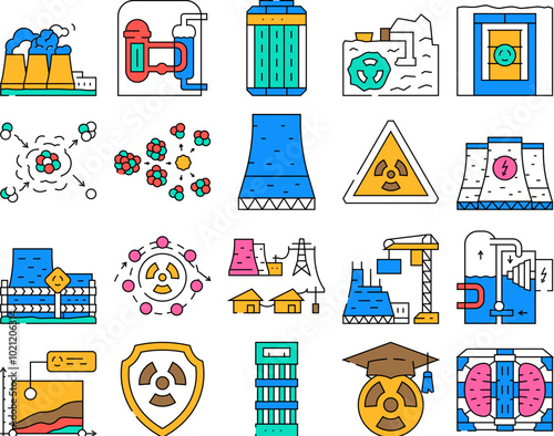 nuclear energy engineer atom icons set vector. power future, plant safety, radioactive physics, uranium stroke control, electricity nuclear energy engineer atom color Contour Illustrations