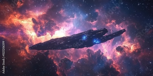 A massive spaceship glides through a vibrant cosmic nebula, illuminated by stellar colors.