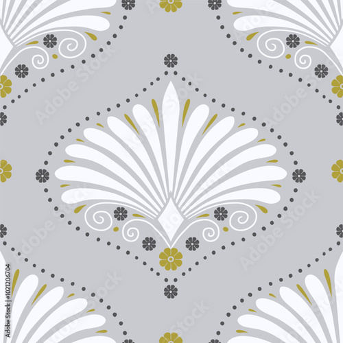 Seamless pattern with white anthemion floral shapes and ogee geometrical motifs on a gray background. Classic abstract repeat wallpaper.
