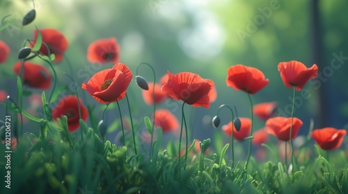 Red Poppies Blooming in a Field of Green Grass