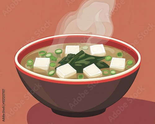 Illustration of steaming miso soup with tofu and green onions in a bowl.