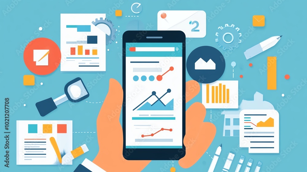 Hand holding a phone displaying search ranking changes over time, surrounded by digital marketing materials, track search rankings, mobile SEO tracking