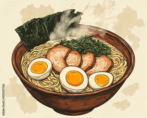 A steaming bowl of traditional ramen with rich broth, boiled eggs, and savory toppings.