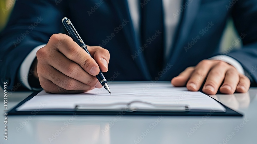 A businessman in a suit writing on a clipboard, emphasizing professionalism and attention to detail in the workplace. A businessman in a suit writing on a clipboard, emphasizing professionalism and attention to detail in the workplace.