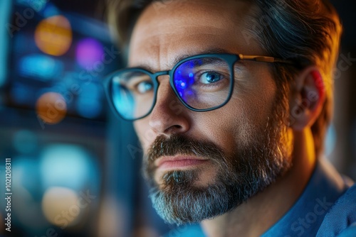 In a contemporary office environment illuminated by screens, a man with glasses intensely concentrates on his work.