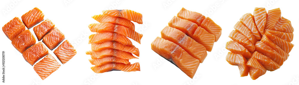 Fresh raw salmon fillet steak slices set isolated Png, transparent without background. Fresh raw salmon fillet steak slices set isolated Png, transparent without background.