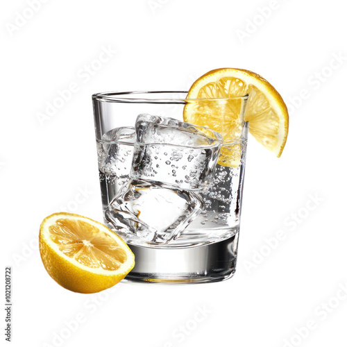 Glass of clear vodka with ice cubes and a lemon twist for garnish. isolated on transparency background