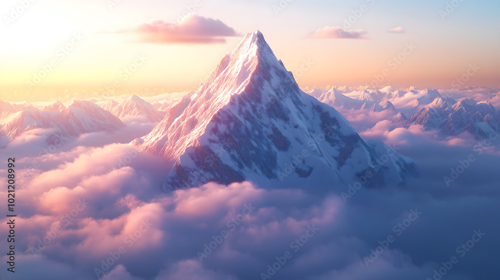 冬季山顶有白色积雪的雪山山巅