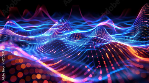 futuristic digital cyber tech background wallpaper, Abstract digital waveforms flowing across a high-tech grid, featuring glowing data streams and futuristic elements