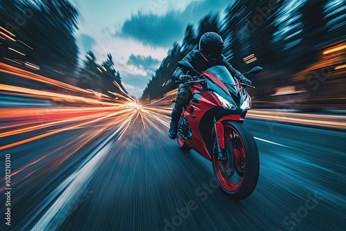 A motorcyclist speeds down a blurred street, showcasing the thrill of riding at high velocity.
