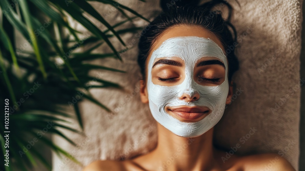 A beauty model face is pampered with a white clay mask, lying in a spa environment. A peaceful and rejuvenating moment captured.