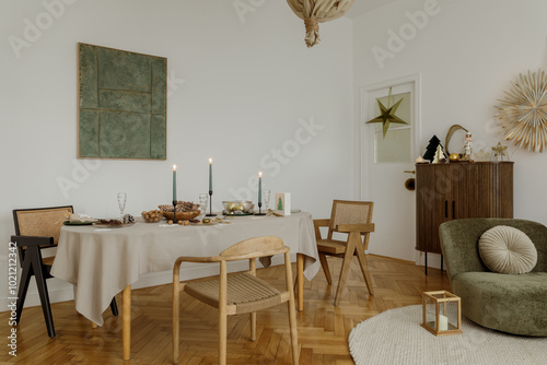 Elegant holiday dining room. A modern dining setup with candles  natural elements  and stylish chairs. Perfect for christmas gatherings.