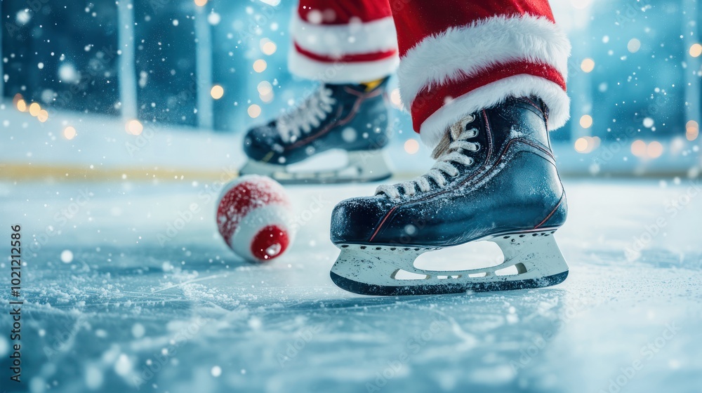 A person wearing skates in a festive setting, preparing to play with a red and white ball. A person wearing skates in a festive setting, preparing to play with a red and white ball.
