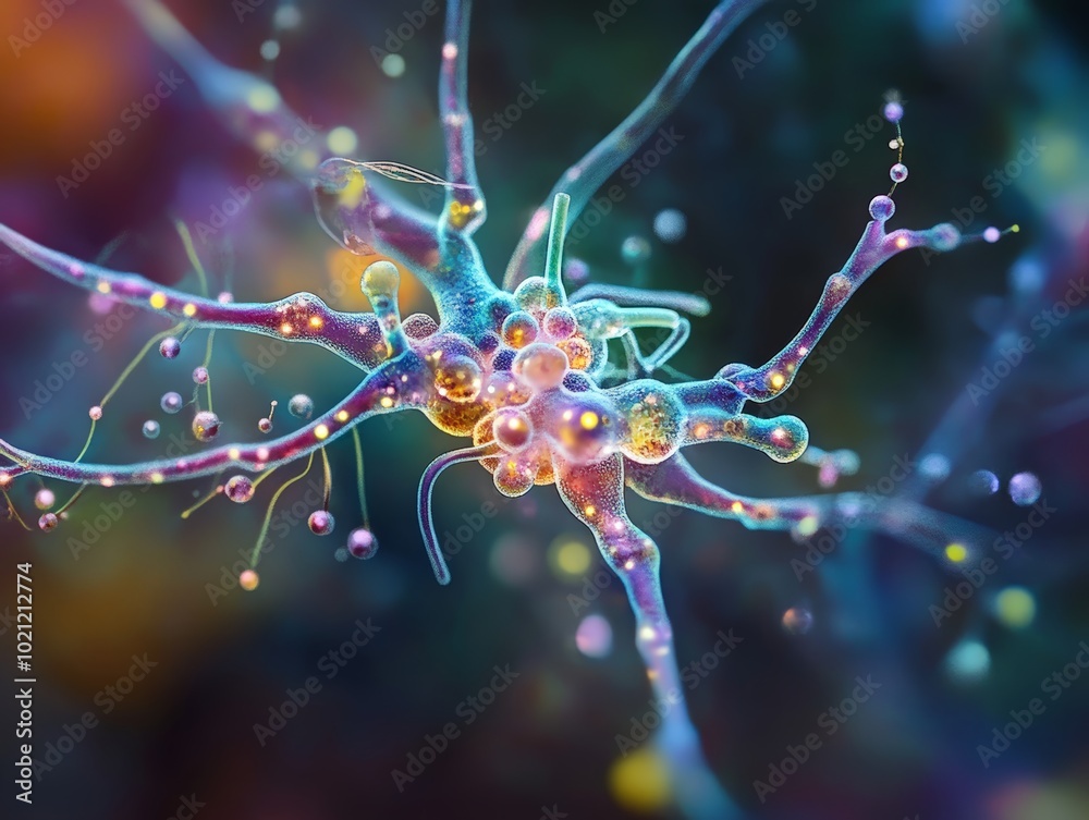 Microscopic View of a Neuron with Vivid Colors and Complex Branching Patterns, Capturing the Intricate Beauty of Neural Connections Microscopic View of a Neuron with Vivid Colors and Complex Branching Patterns, Capturing the Intricate Beauty of Neural Connections