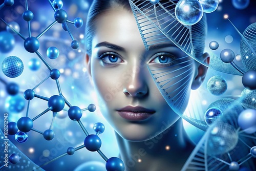 Abstract Background of Science with Chemical Structures, DNA Helix, and Geometric Shapes in Blue Tones