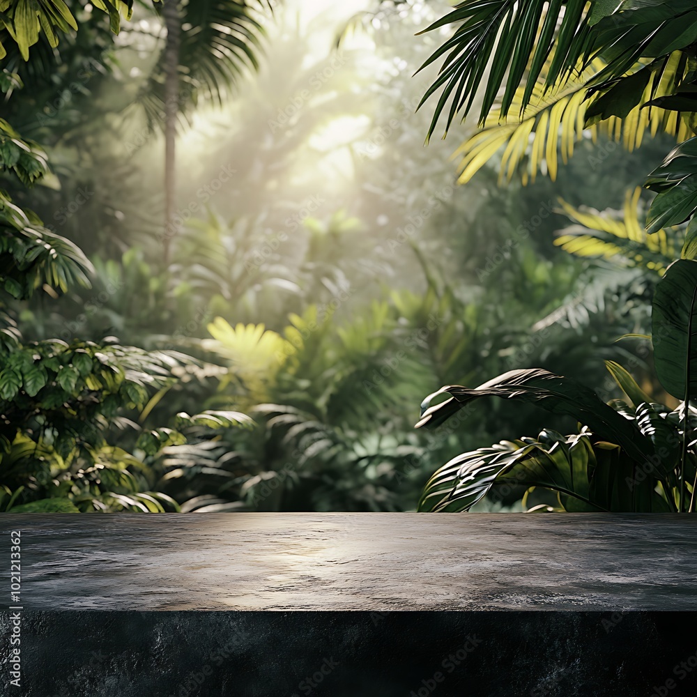Tabletop on jungle background for product presentation. Empty black concrete countertop outdoors in forest. Cosmetic or bar store podium mockup. Tabletop on jungle background for product presentation. Empty black concrete countertop outdoors in forest. Cosmetic or bar store podium mockup.