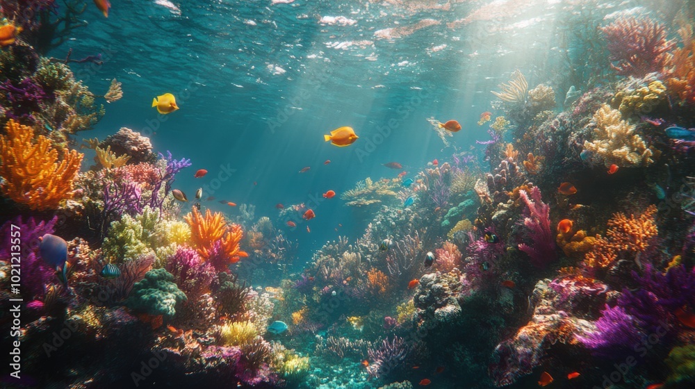 Fototapeta premium Vibrant coral reef underwater scene with colorful fish swimming in crystal-clear water illuminated by sun rays.