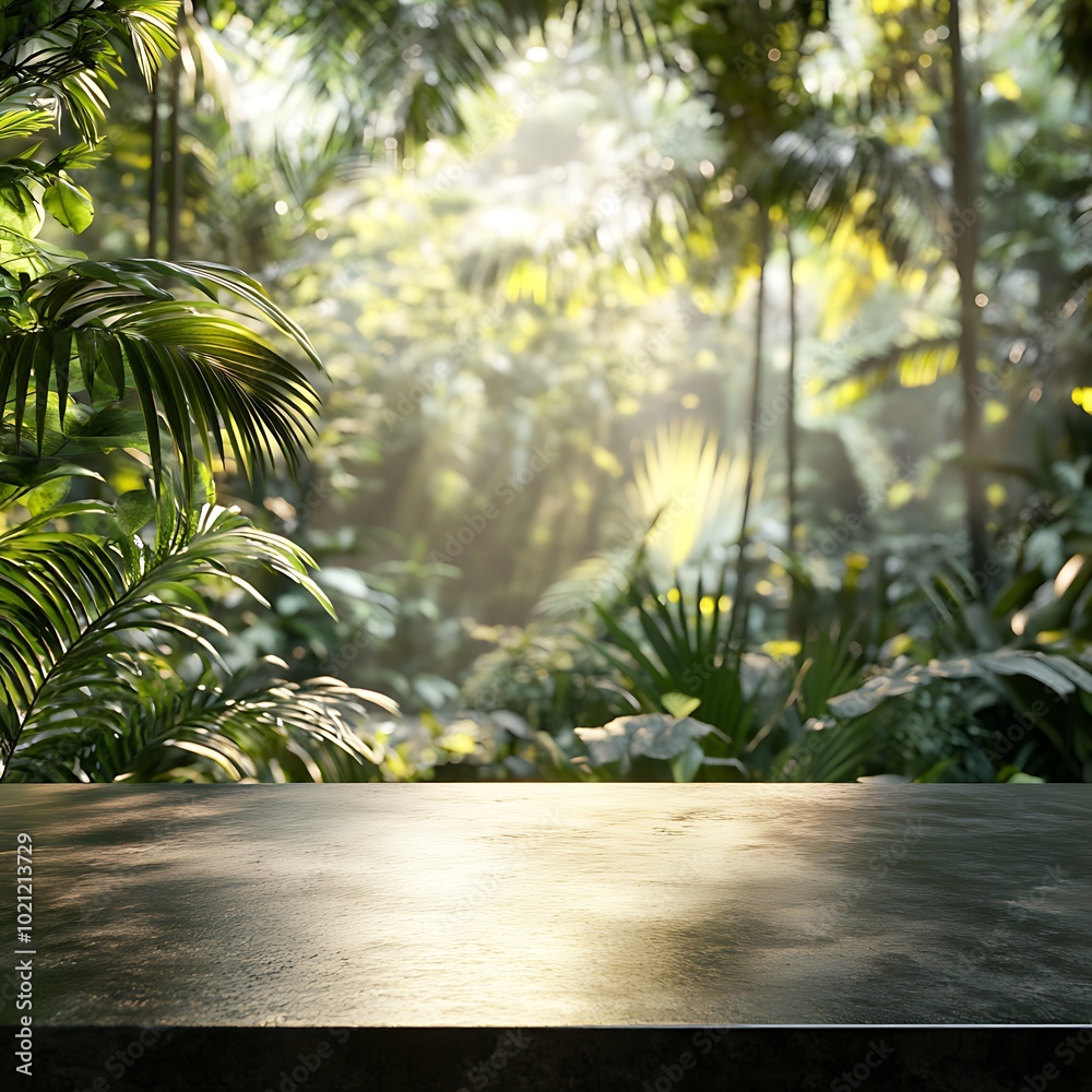 Tabletop on jungle background for product presentation. Empty black concrete countertop outdoors in forest. Cosmetic or bar store podium mockup. 