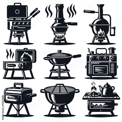 Camp stove or portable grill Silhouette Set Vector
