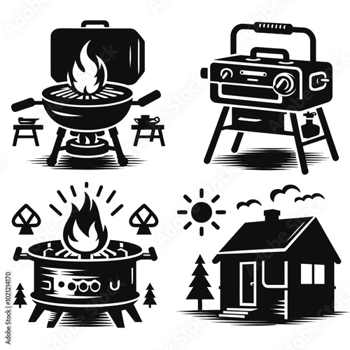 Camp stove or portable grill Silhouette Set Vector